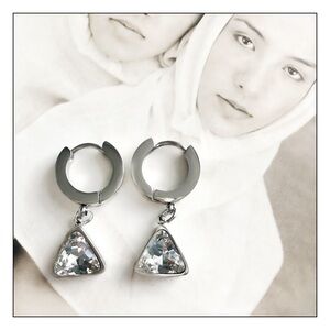 NEW Silver Dainty Minimalist Triangle Geometric Drop Crystal Hoop Earrings